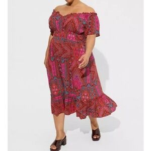 NWT Torrid Tea Length Challis Off Shoulder Peasant Dress Sz 1X Prairie Patchwork